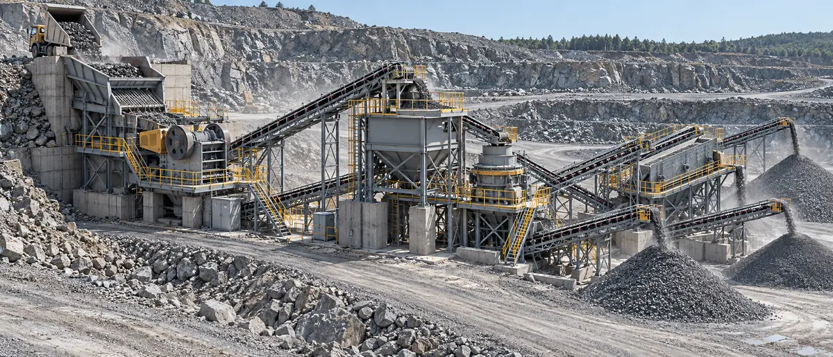 A physically connected hard-rock crushing circuit with a dump hopper, vibrating grizzly, primary jaw crusher, transfer conveyor, surge bin, secondary cone crusher, screen, and aggregate stockpiles