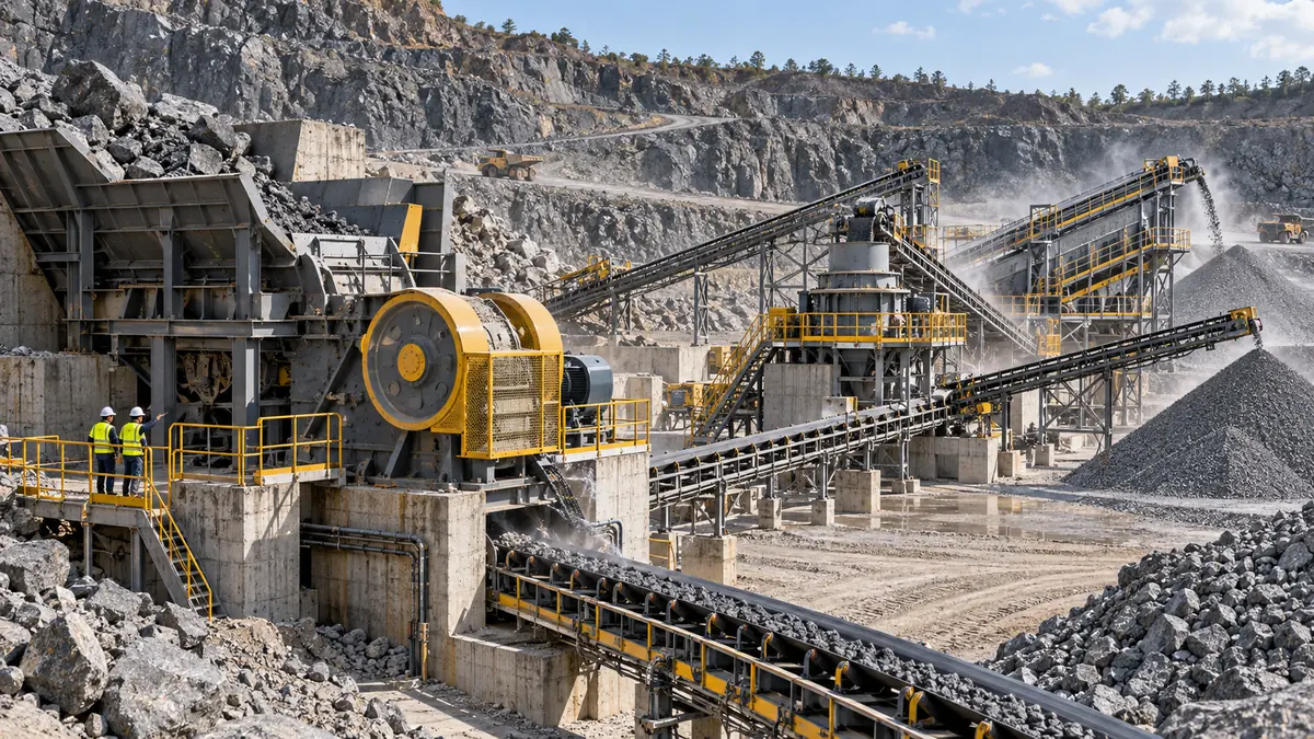 A full-scale hard-rock quarry circuit with a primary jaw crusher, secondary cone crusher, conveyors, screens, and aggregate stockpiles