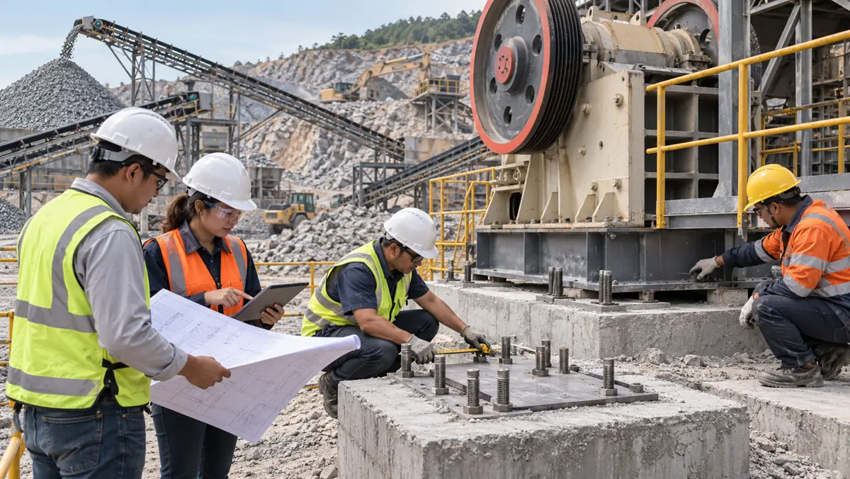 Quarry project team reviewing anchor bolts, a foundation drawing, measurements and jaw crusher base-frame interfaces before installation handover