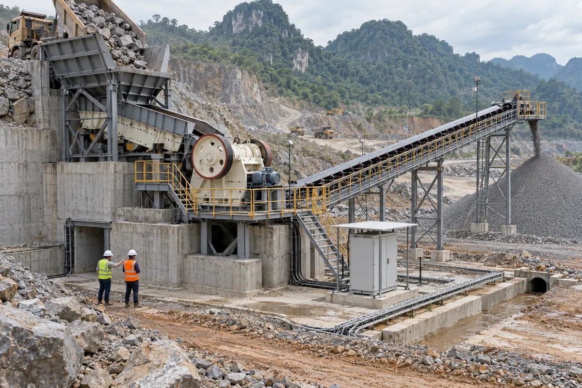 Jaw crusher installation layout with receiving hopper, feeder, reinforced concrete plinth, discharge conveyor, cable route, drainage and maintenance access in a hard-rock quarry
