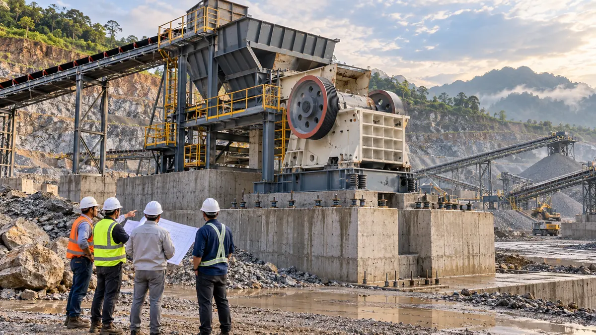 Primary jaw crusher on a reinforced concrete foundation in a tropical hard-rock quarry while engineers review installation drawings