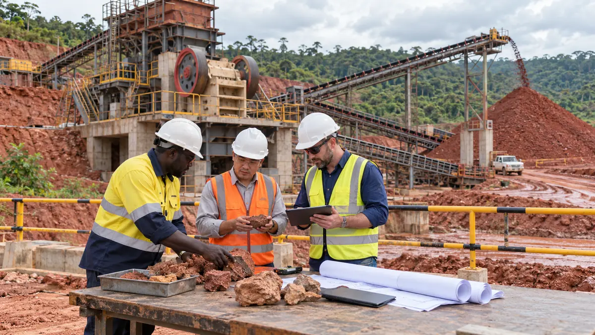 Engineering and procurement professionals in PPE review bauxite samples, an unlabeled tablet, and rolled drawings beside a full-scale jaw-crushing plant and bauxite stockpile