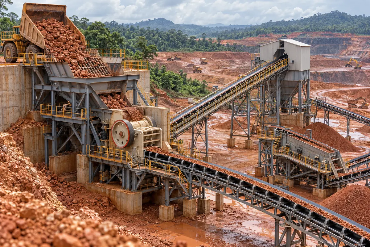 A bauxite primary-crushing configuration with dump hopper, grizzly feeder, jaw crusher, conveyors, surge bin, scalping screen, and stockpiles in a tropical laterite mine