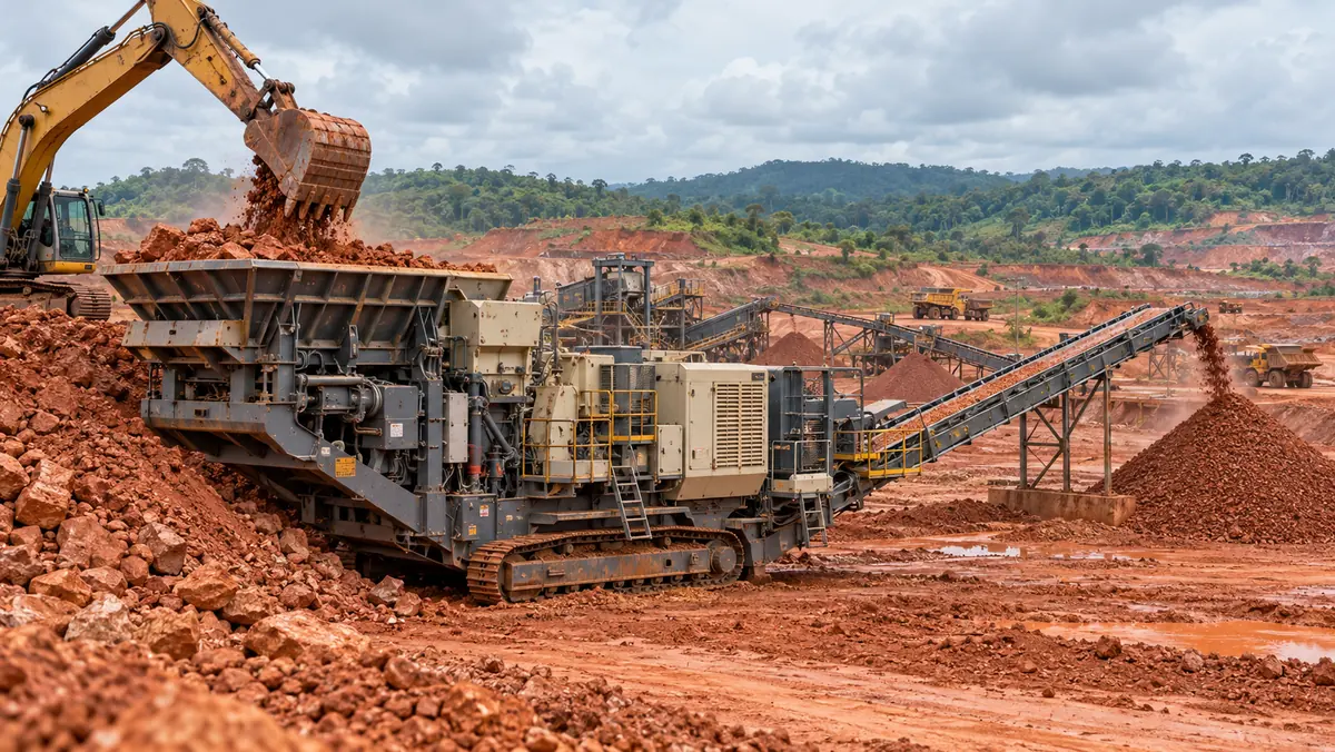 A full-scale jaw crusher receives reddish-brown bauxite from an excavator in a tropical laterite mine, with a discharge conveyor and stockpile