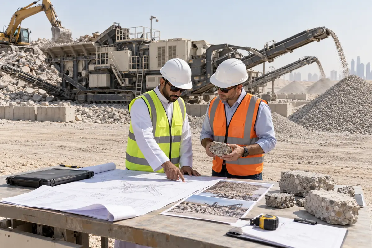 Buyers review drawings and concrete samples beside a mobile recycling crusher