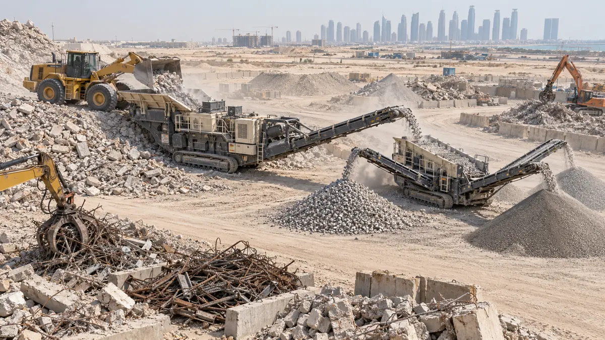 A mobile jaw crusher feeds a separate screen and aggregate stockpiles in a desert recycling yard