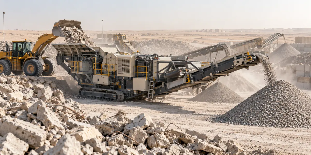 A tracked mobile crusher processes concrete rubble at a desert recycling yard