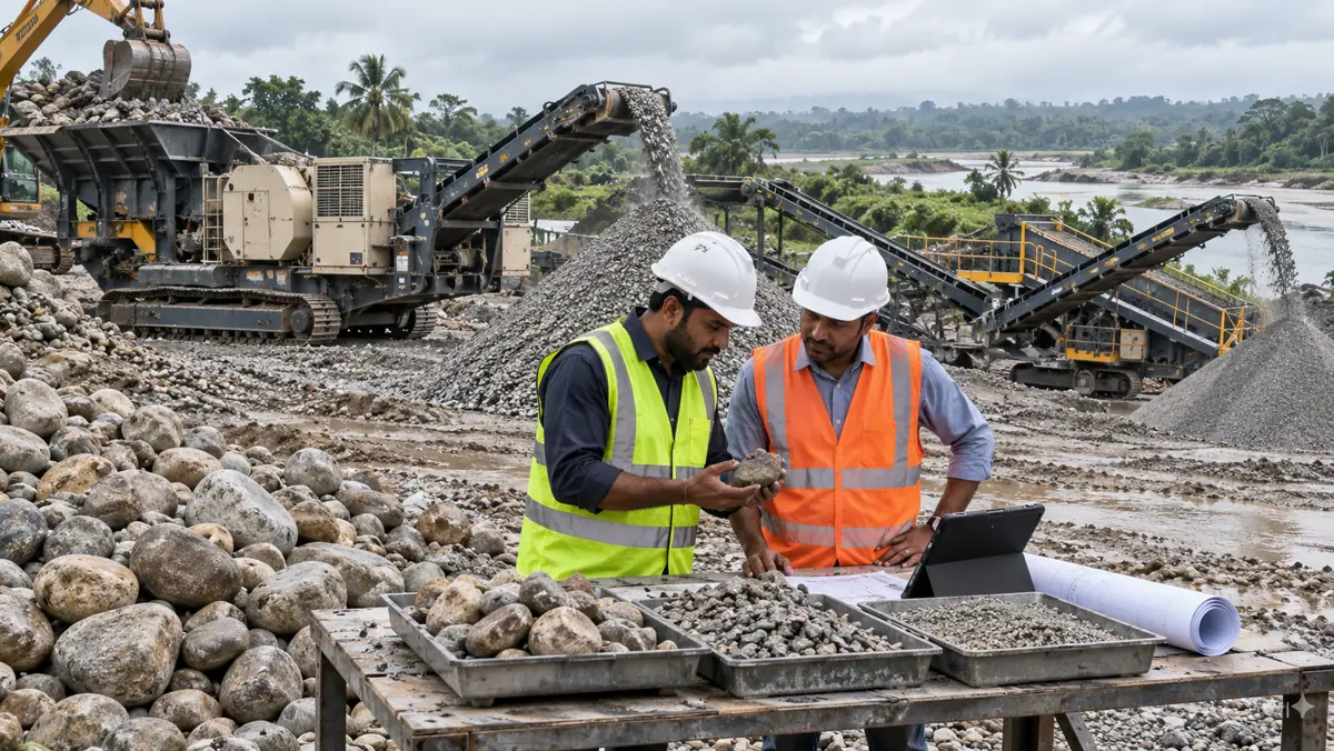 Procurement engineers examine unbranded river-stone samples and a site layout while a mobile crusher and screen work behind them