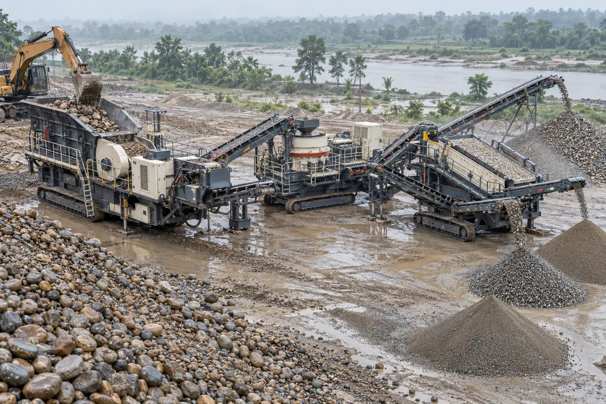 A complete crawler-mounted jaw, cone, screen, conveyors, and separate aggregate stockpiles form a physically coherent river-stone processing circuit