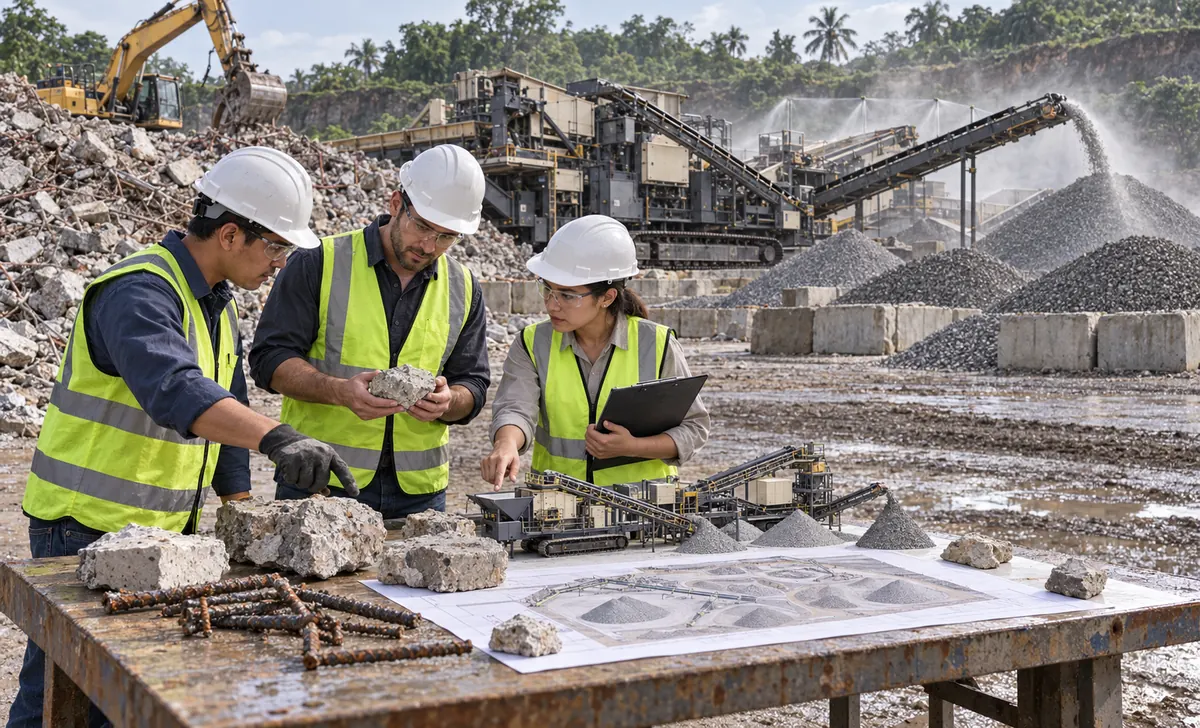 Three buyers review concrete samples, reinforcing steel, an unmarked process layout, and a model crushing circuit at a concrete-recycling yard