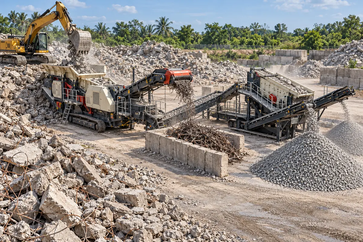 An excavator feeds broken concrete to a tracked impact crusher, magnetic separator, screen, conveyors, and separated recycled-aggregate stockpiles