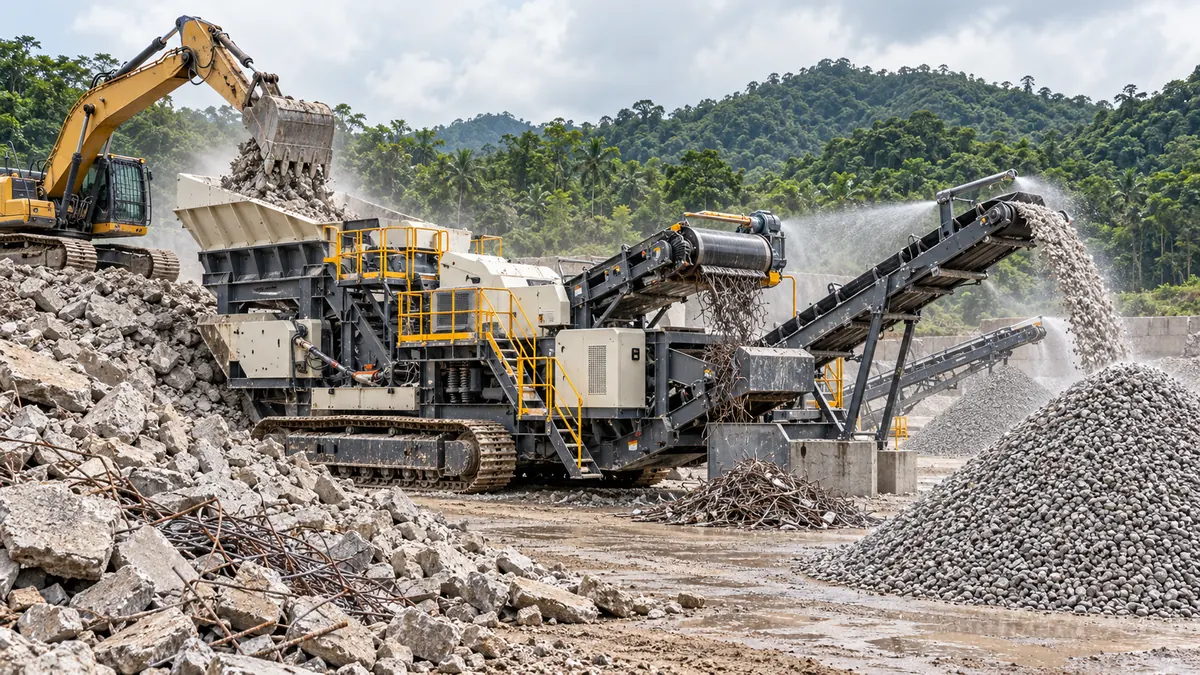 A tracked mobile impact crusher processes broken concrete while an overband magnet separates steel rebar at an active recycling yard
