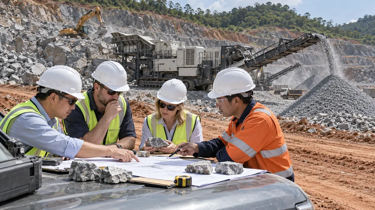 A quarry project team reviews granite samples and an equipment layout beside a working mobile jaw crusher