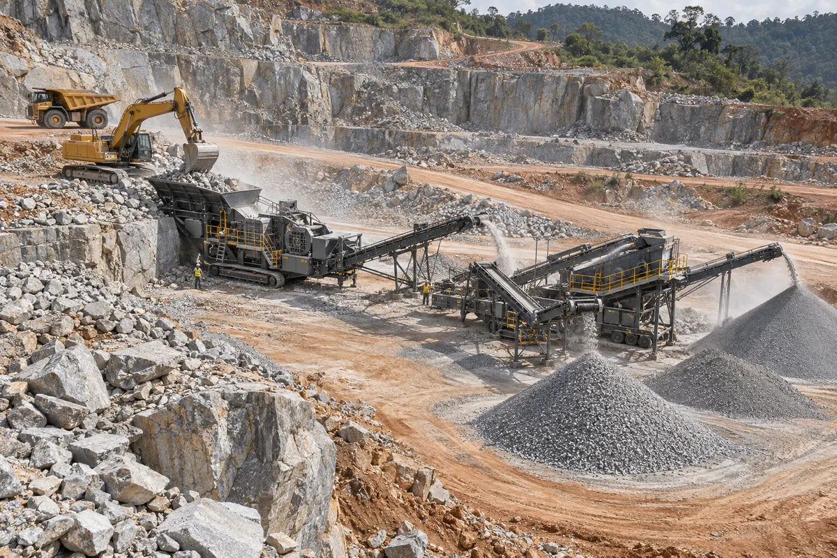 A mobile jaw crusher and mobile screening plant form a connected granite quarry production arrangement with separate stockpiles