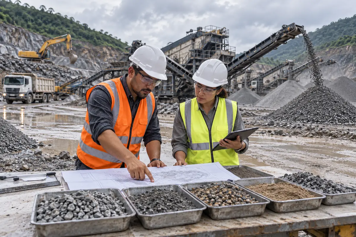 Quarry buyers reviewing damp aggregate samples and a site plan beside screening equipment