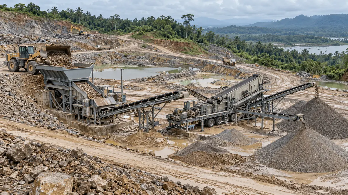 Illustrative quarry feed hopper and mobile screening plant with separate stockpile conveyors