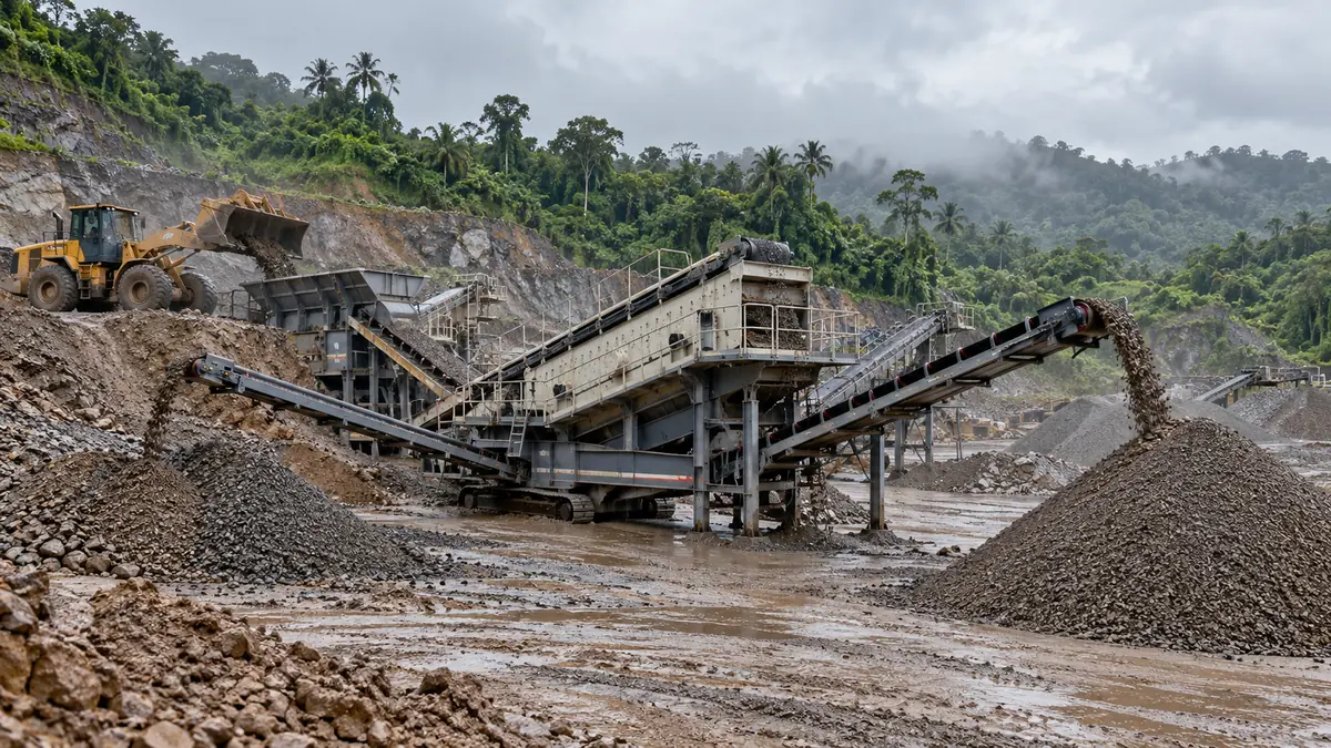 Mobile screening plant processing damp quarry aggregate in a tropical quarry