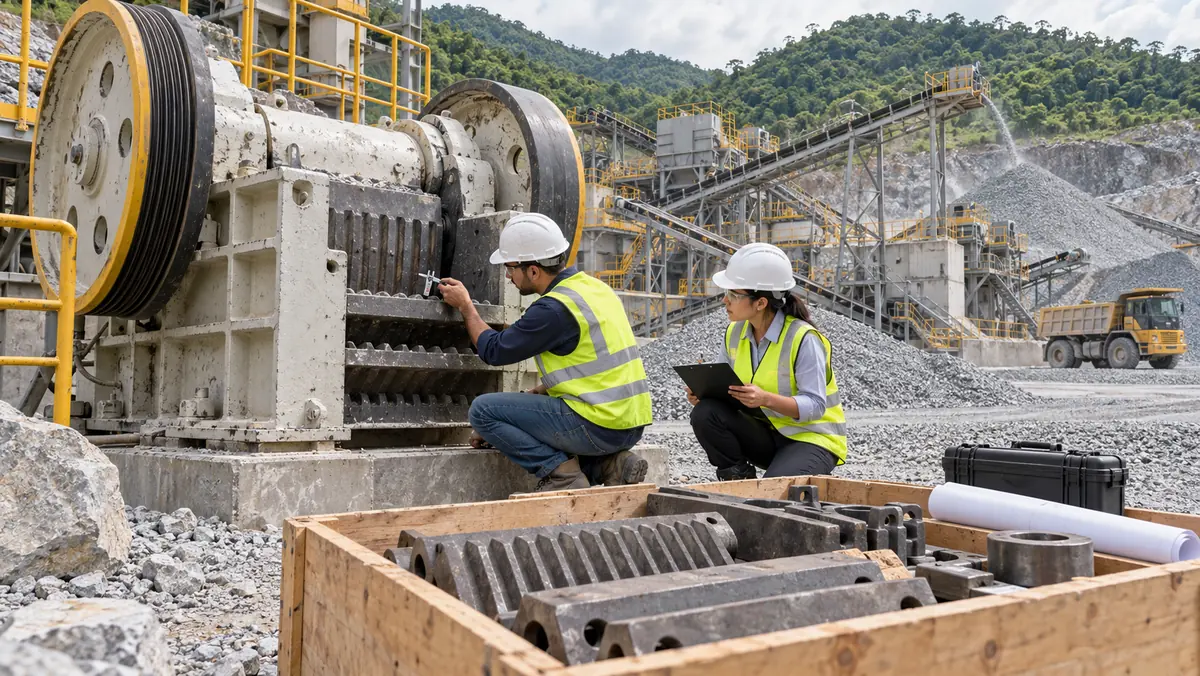 Quarry buyers inspecting a maintained used jaw crusher and spare wear parts before startup