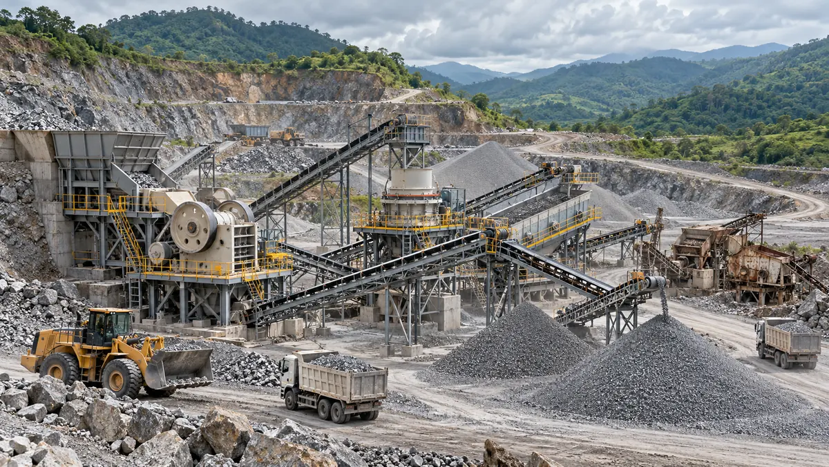 Complete hard-rock crushing and screening plant at a green-hill aggregate quarry