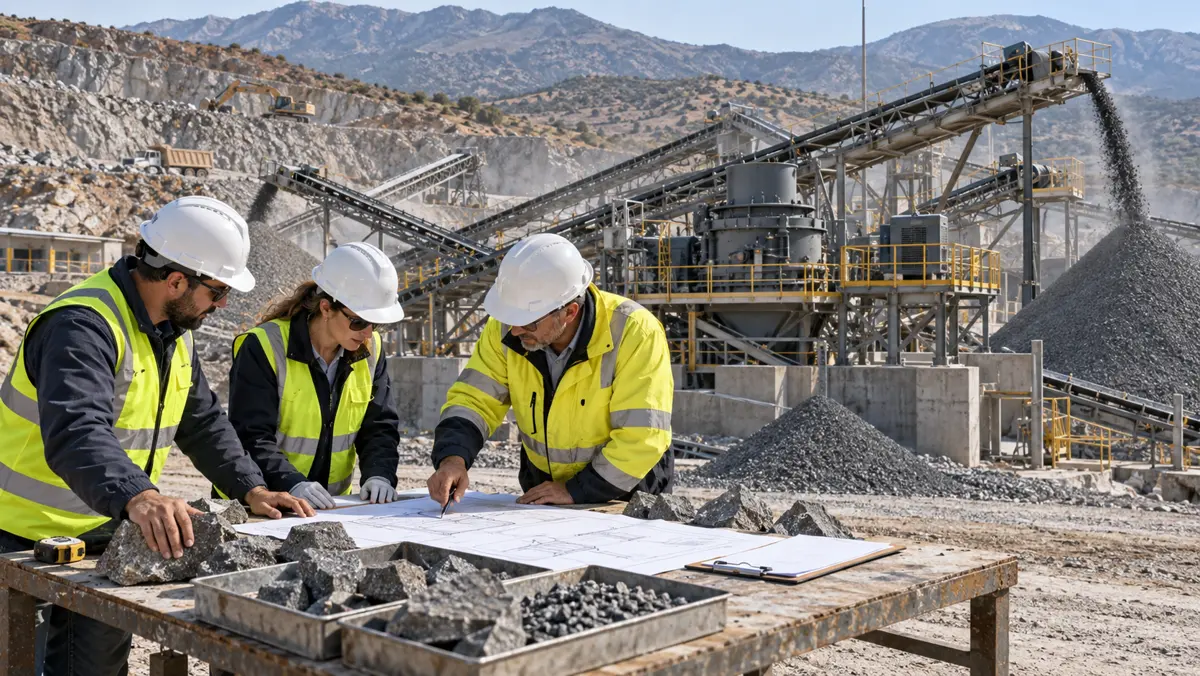 Project team review basalt samples and unbranded drawings beside a final-shaping circuit