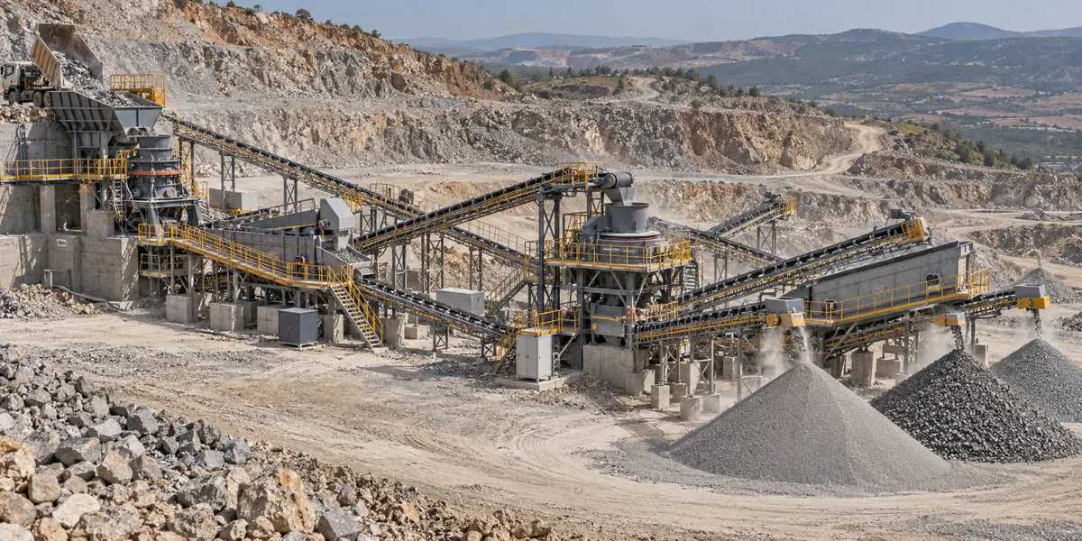 Full basalt crushing, screening and final-shaping circuit in a Turkish quarry landscape