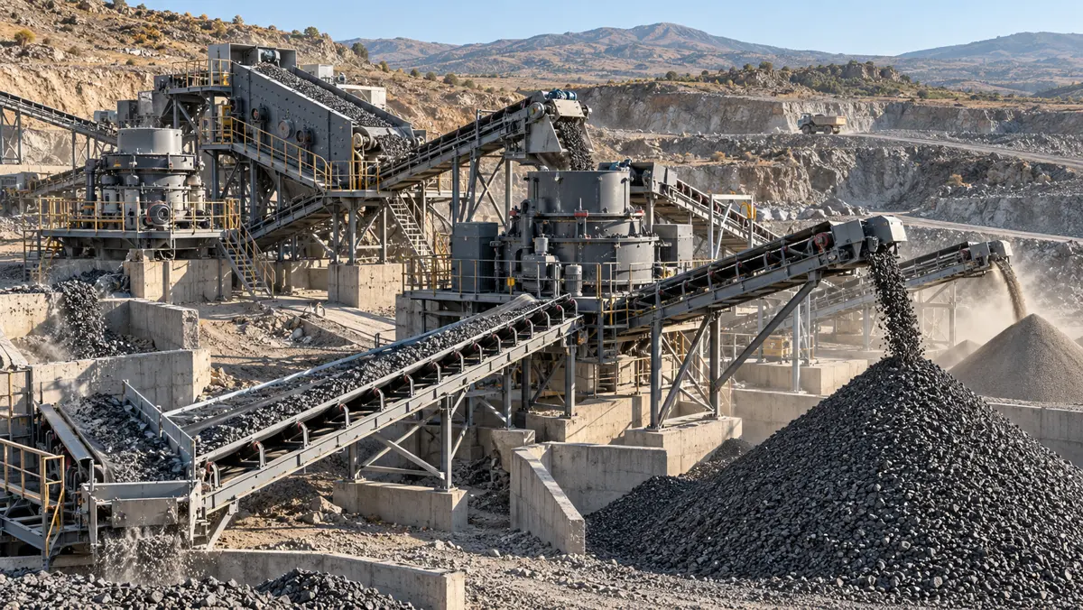 Basalt aggregate plant with final shaping equipment, conveyors and finished stockpiles in a Turkish quarry landscape