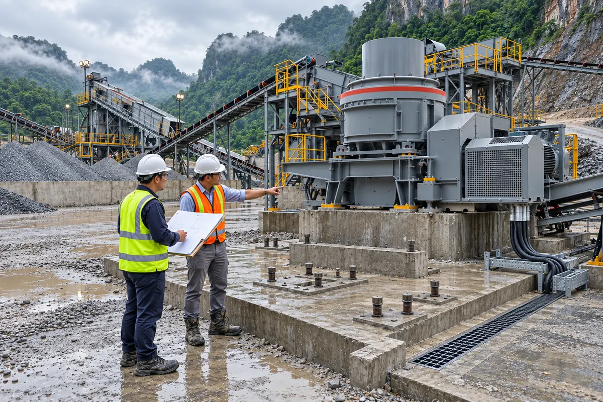 Engineers inspecting a guarded VSI crusher motor drive and maintenance access at a wet tropical quarry
