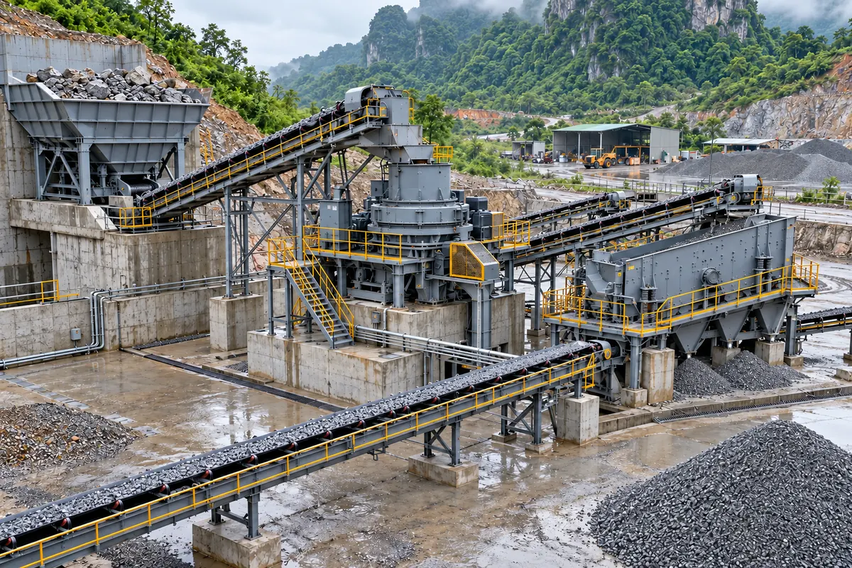 VSI crushing and screening circuit with guarded drive, motor base, conveyors, and screen