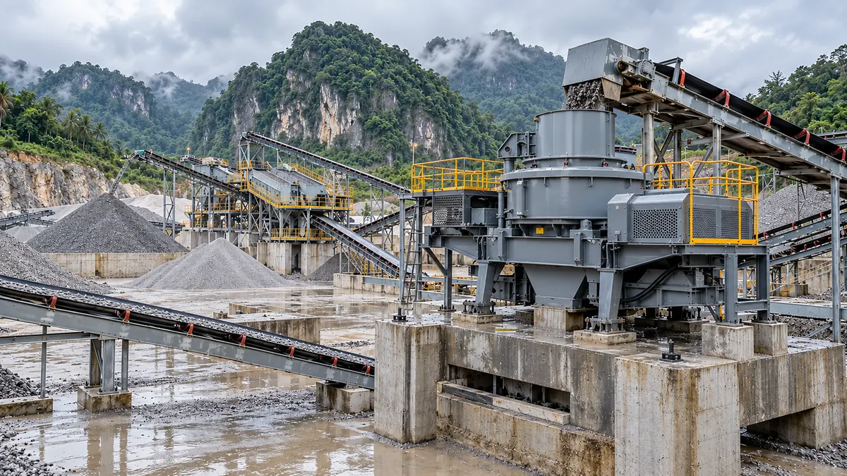Full-scale VSI crusher with guarded drive system in a tropical quarry