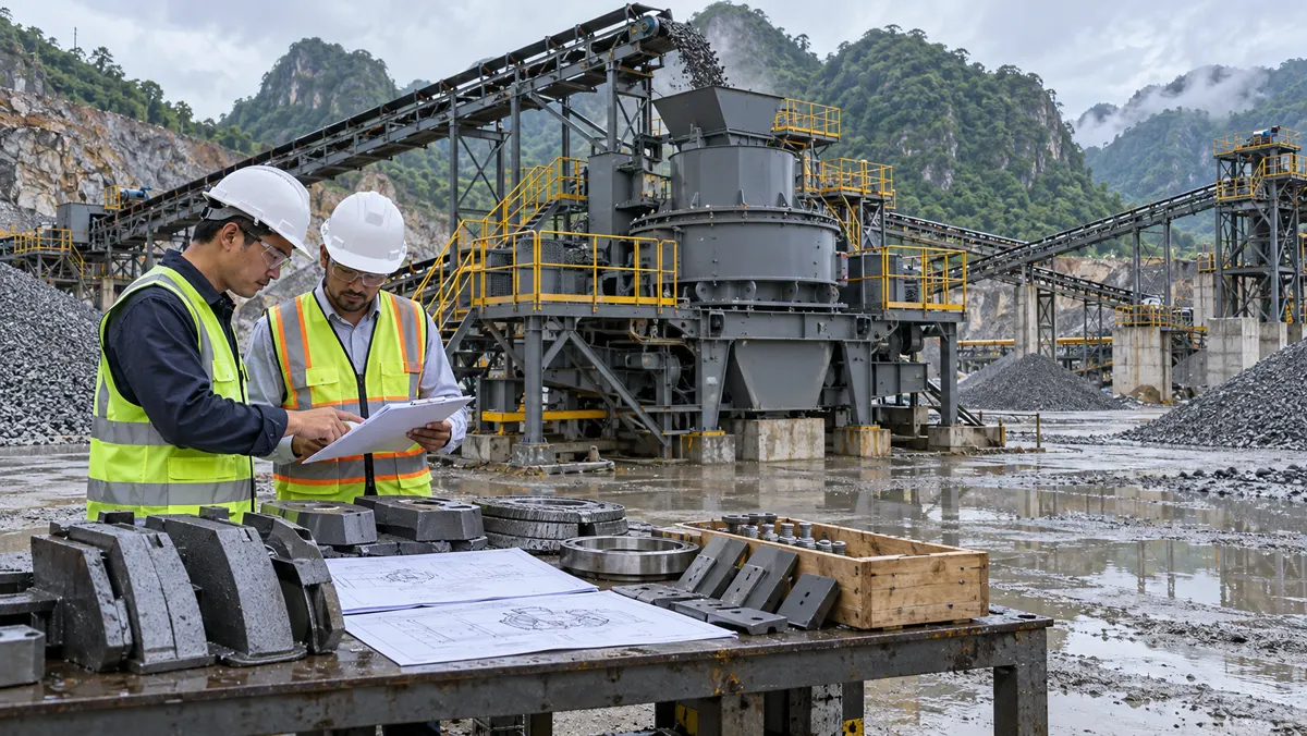 Procurement engineers review a factory acceptance checklist, drawings, and VSI wear parts before shipment