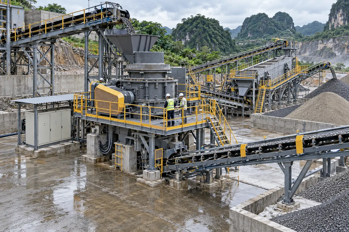 Integrated VSI crusher inspection arrangement with conveyors, screen, guards, electrical cabinet, and access platforms