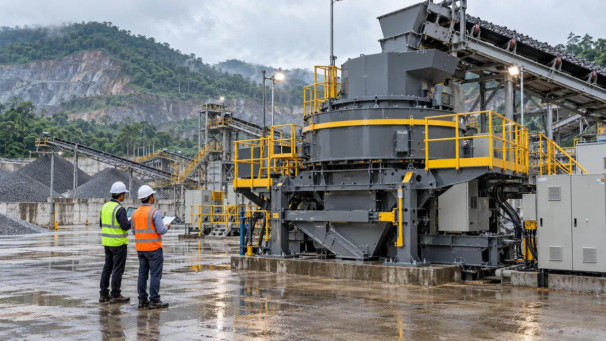 Two engineers inspecting a full-scale VSI crusher before shipment at a wet tropical industrial yard