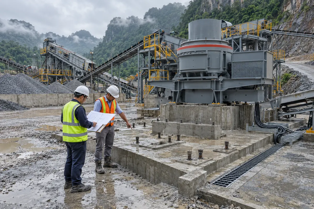 Engineers checking anchor locations, drainage, and structural drawing beside a VSI crusher foundation