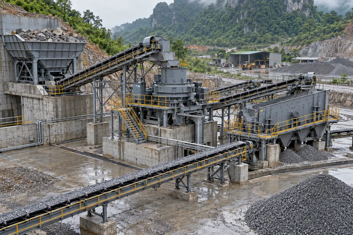 VSI crusher installation with feed hopper, concrete plinths, final screen, conveyors, access stairs, cable routes, and drainage