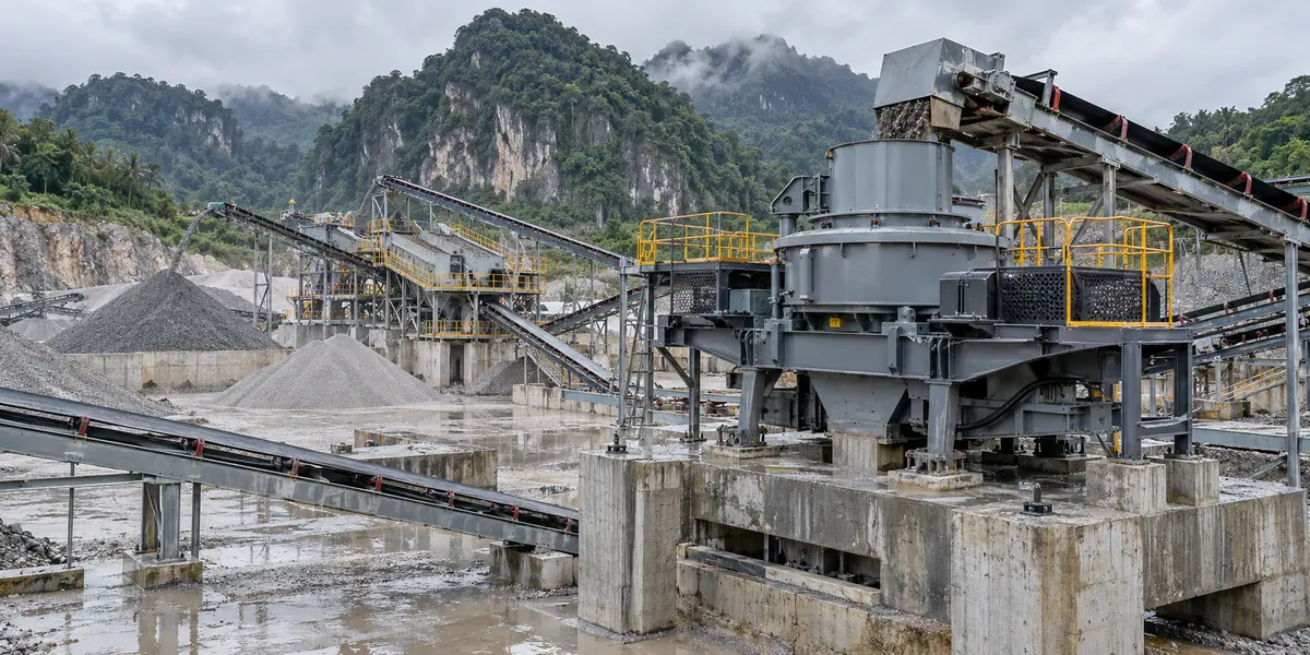 Full-scale VSI crusher on reinforced concrete foundations in a tropical quarry