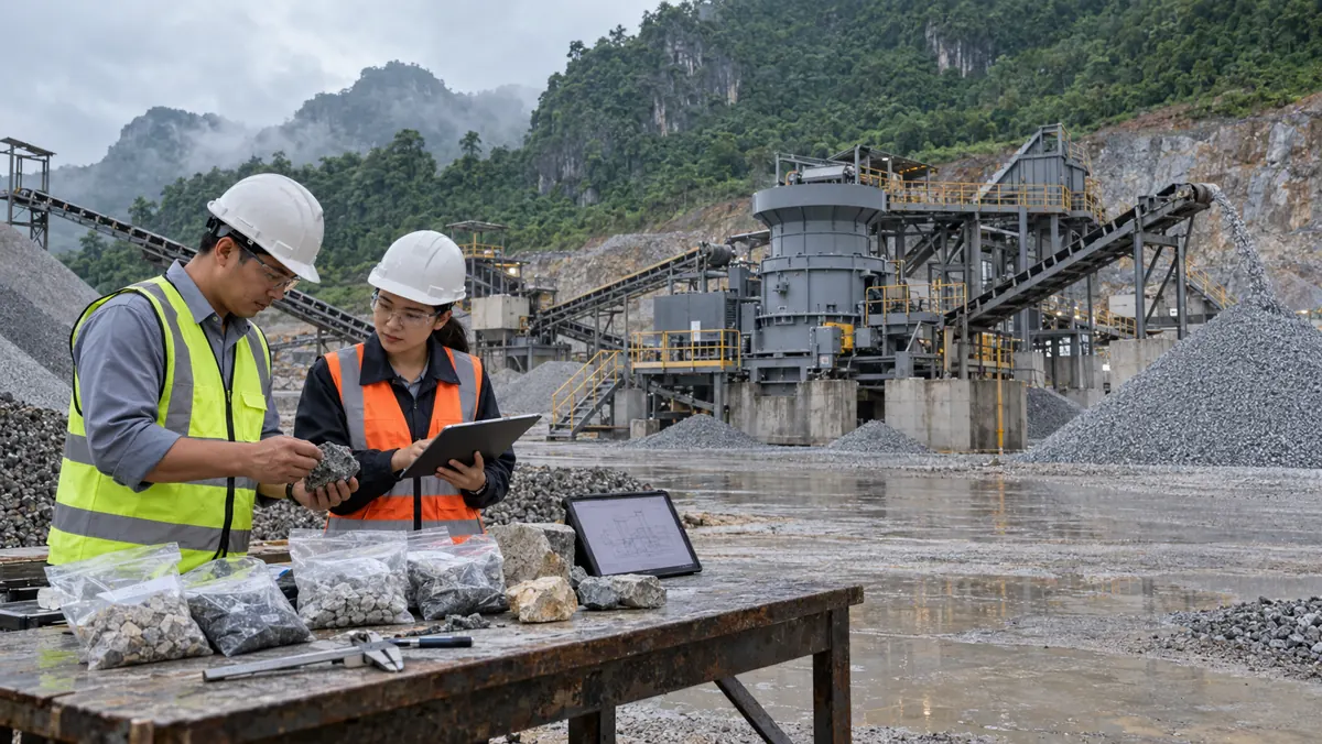 Two quarry engineers reviewing rock samples and process information before VSI crusher selection