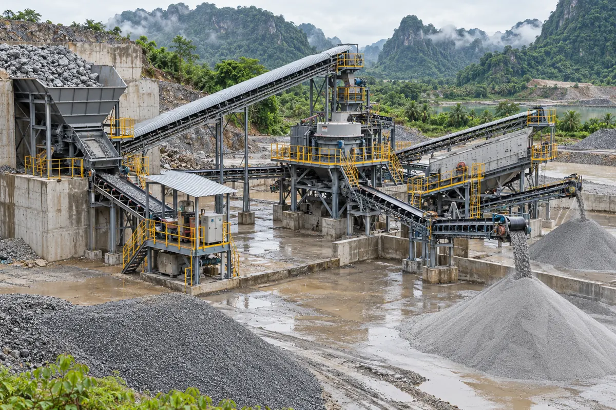 Full-scale VSI crushing and screening circuit with feeder, return conveyor, screen, and finished aggregate stockpiles