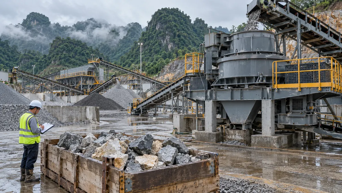 Engineer inspecting rock samples beside a full-scale VSI crusher at a tropical quarry