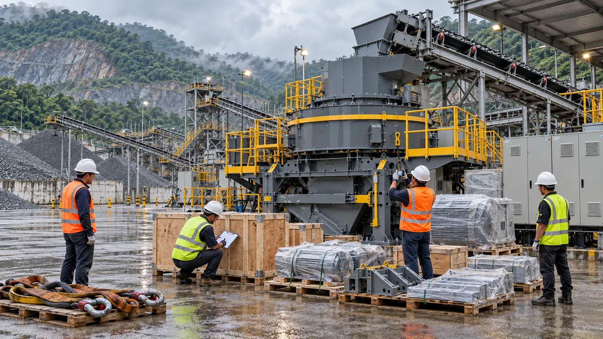 A site team compares delivery records, protected components, and a VSI crusher during a quarry receiving inspection