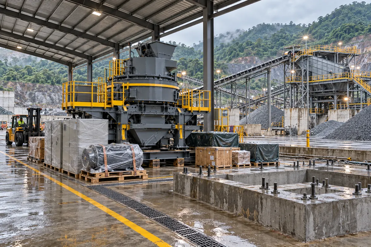 A VSI crusher and protected delivery items staged beside prepared foundations in a covered quarry laydown area