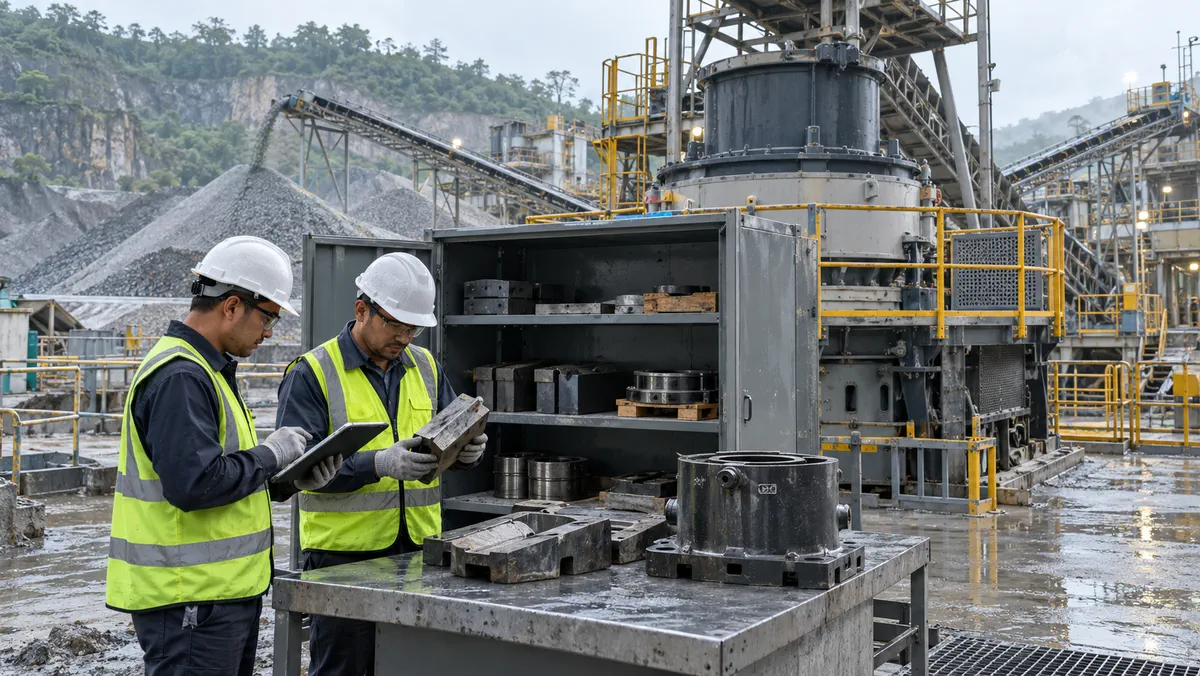 Engineers verifying a VSI crusher critical-spares cabinet and components beside a guarded quarry plant