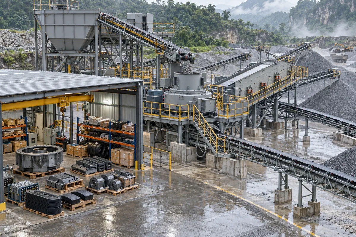 VSI crushing circuit with a protected maintenance bay, parts rack, rotor components, screen, and conveyors in a tropical quarry