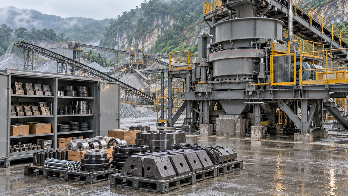 VSI crusher beside organized critical spare parts in a tropical quarry