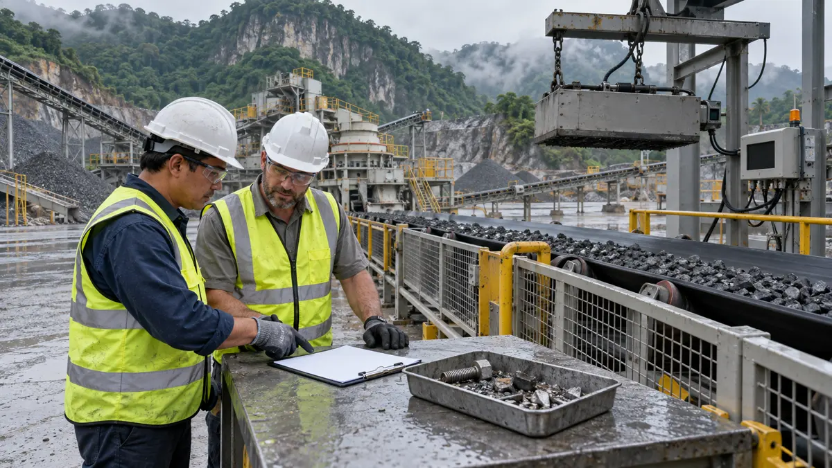Engineers reviewing removed metal and protection records beside a guarded quarry feed conveyor