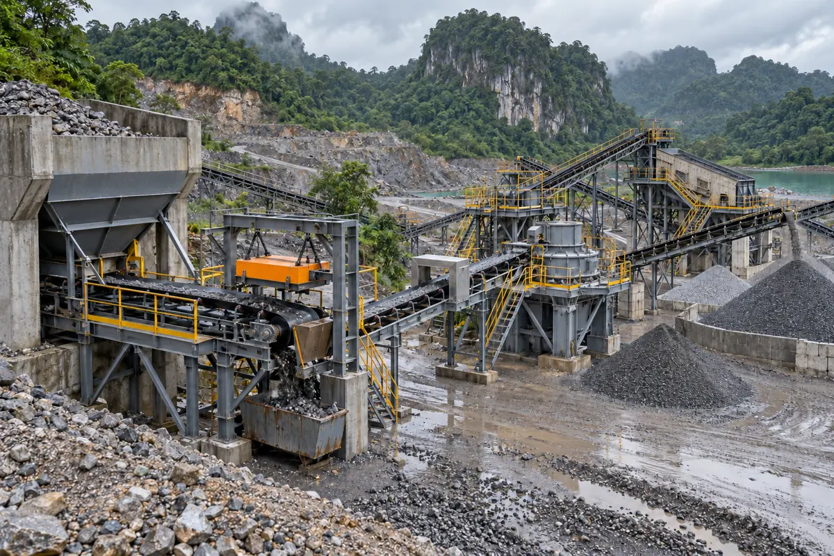 Quarry VSI protection configuration showing a feed hopper, suspended magnet, detector frame, VSI crusher, screen, and stockpiles