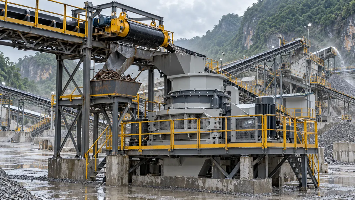VSI crusher feed conveyor with suspended tramp-metal magnet in a tropical quarry